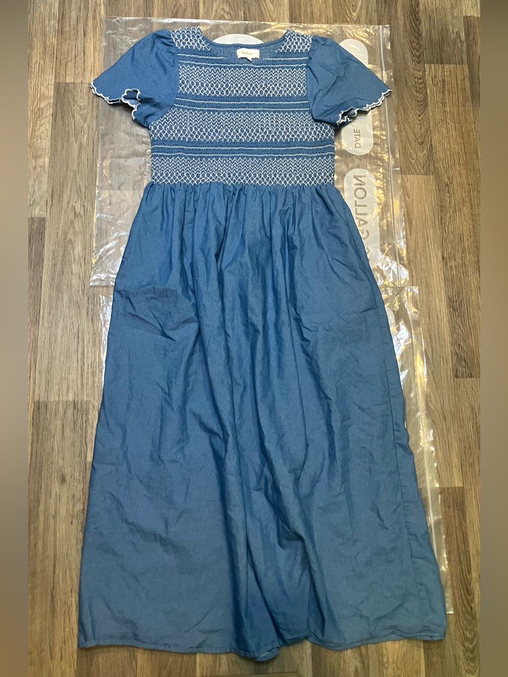 bohme Blue Smocked Maxi Dress with White Trim